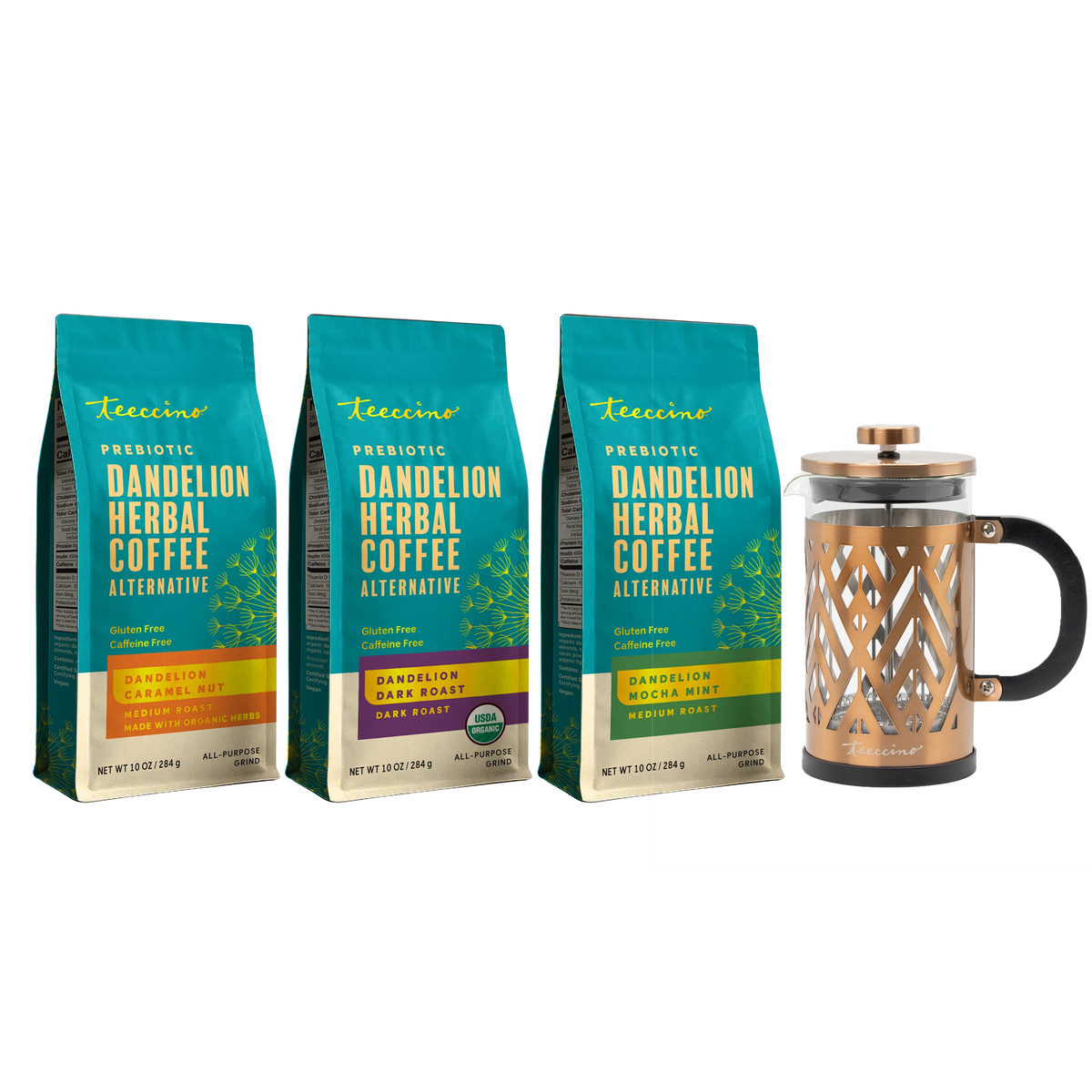 Teeccino Dandelion Herbal Coffee Starter Kit w/French Press