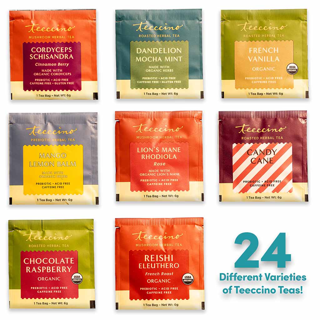 Grid of eight Teeccino tea packets in various colors including orange, teal, green, purple, and blue. Each packet features a central scalloped label with flavors like Cordyceps Schisandra, Dandelion Mocha Mint, and Lion’s Mane Rhodiola. Large teal text in the bottom right corner reads "24 Different Varieties of Teeccino Teas!" against a plain white background.
