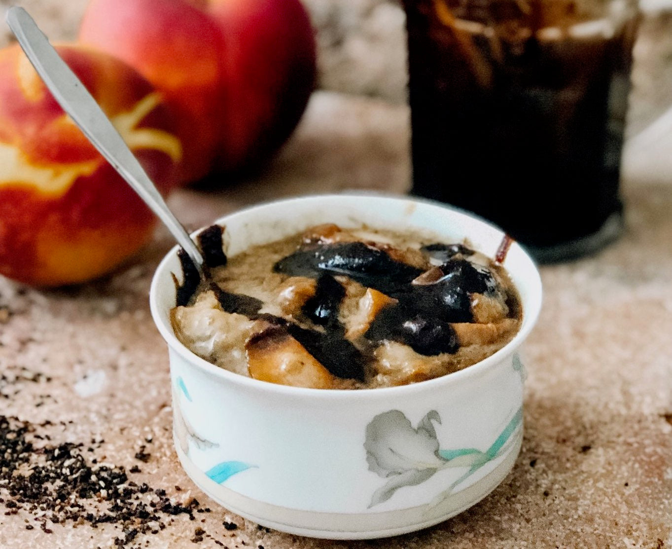 Italian Peach Pudding with Almond Amaretto Syrup