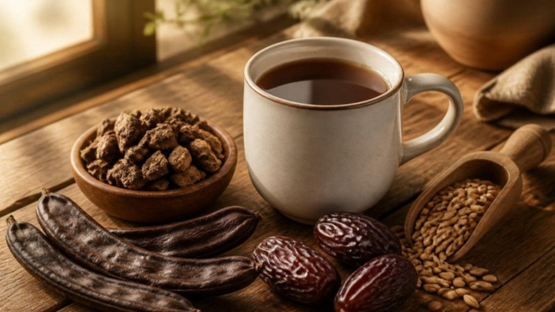 A mug of caffeine-free herbal coffee surrounded by roasted chicory root, carob pods, dates and barley