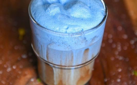 Iced Caramel Teeccino Coffee with Spirulina Sea Salt Foam made with Teeccino Instant Dandelion Herbal Coffee