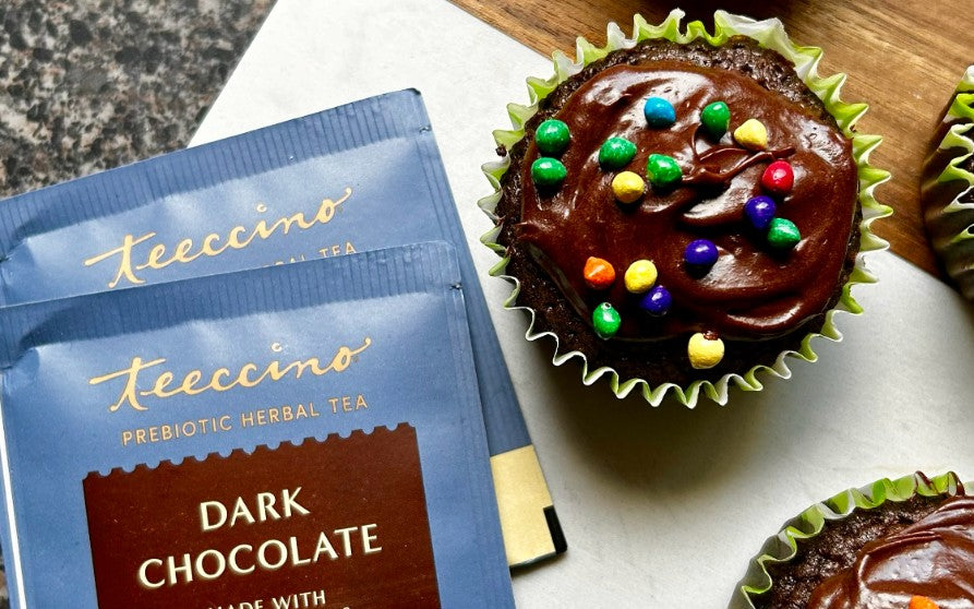 Teeccino Dark Chocolate Cupcakes with Pistachio Cream Filling (Cake Mix Hack) made with Teeccino Dark Chocolate Prebiotic SuperBoost Herbal Tea
