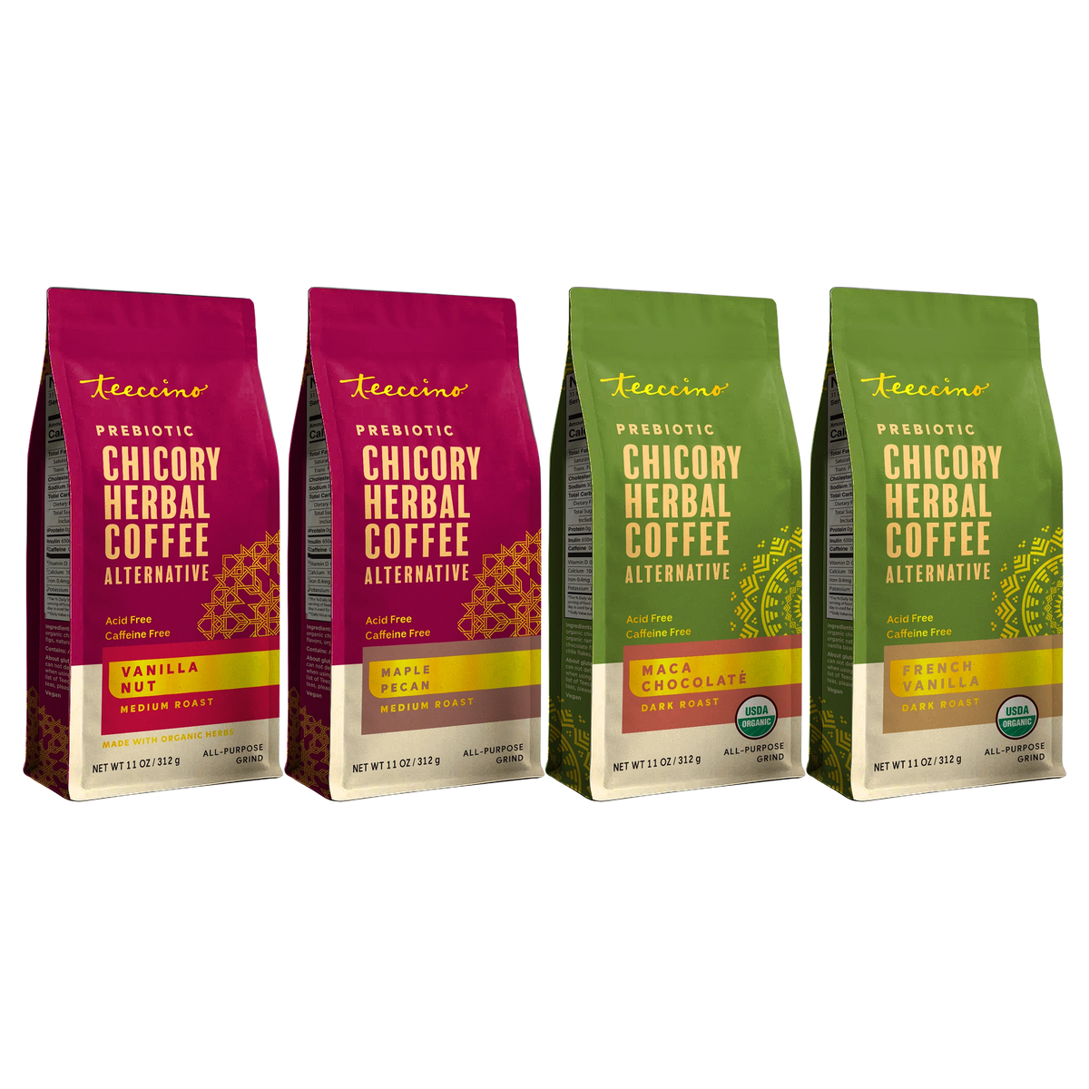 Teeccino Vanilla Nut, French Vanilla, Maca Chocolate, Maple Pecan Variety Pack