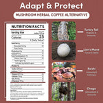 Product infographic for Teecino Adapt & Protect mushroom herbal coffee alternative on a textured terracotta background. The top features the title and subtitle. On the left is a Nutrition Facts panel showing a one tablespoon serving size making ten fluid ounces, with 25 calories, zero fat, zero sugar, zero caffeine, and inulin fiber. On the right, ingredient images highlight turkey tail, lion’s mane, reishi, and chaga mushrooms for immunity, focus, calmness, and antioxidant support.
