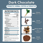 Product infographic for Teecino Dark Chocolate prebiotic herbal coffee alternative displayed on a textured blue background. The design features a Nutrition Facts panel showing one tablespoon serving size making ten fluid ounces, 25 calories, zero fat, zero sugar, zero caffeine, and 650 milligrams of inulin. Ingredient visuals include chicory root, carob pods, ramon seeds, and cacao powder, highlighting prebiotic digestion support, antioxidants, mood balance, and a rich dark chocolate flavor.