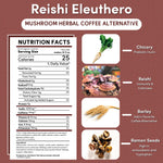 Product infographic for Teecino Reishi Eleuthero mushroom herbal coffee alternative on a textured terracotta background. The image features the product name at the top and a detailed nutrition facts panel showing a one tablespoon serving making ten fluid ounces, with 25 calories, zero fat, zero sugar, zero caffeine, and 650 milligrams of inulin. Ingredient images highlight chicory root for prebiotic inulin, reishi mushroom for immunity and calmness, barley as a roasted coffee alternative, and ramon seeds