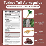 Product infographic for Teecino Turkey Tail Astragalus mushroom herbal coffee alternative on a warm terracotta background. The image features a bold title at the top and a nutrition facts panel on the left showing a one tablespoon serving size making 10 fluid ounces, 25 calories, zero fat, zero sugar, zero caffeine, and 650 mg of inulin fiber. On the right are ingredient visuals highlighting chicory root for prebiotic inulin, turkey tail mushroom for immune and gut support, barley as a roasted coffee altern