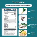 Product infographic for Turmeric dandelion herbal coffee alternative on a textured teal background. The top displays the product name with a rounded subtitle banner. On the left, an FDA-style Nutrition Facts panel shows a one tablespoon serving size making ten fluid ounces, twenty calories, zero fat, zero cholesterol, zero caffeine, and added inulin fiber. On the right, ingredient visuals feature chicory root for prebiotic inulin, carob for natural energy, dandelion root for digestion and detox support, and