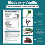 Blueberry Vanilla dandelion herbal coffee alternative infographic showing nutrition facts and ingredients including chicory root, carob, dandelion root, and dates.