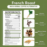Product infographic for French Roast Maya herbal coffee alternative on a textured olive-green background. The top displays the product name with a rounded subtitle banner. On the left, an FDA-style Nutrition Facts panel lists a one tablespoon serving size making ten fluid ounces, twenty calories, zero fat, zero sugars, zero caffeine, and added inulin fiber. On the right, ingredient images highlight chicory root for prebiotic inulin, carob for natural energy, ramon seeds rich in antioxidants and tryptophan, 