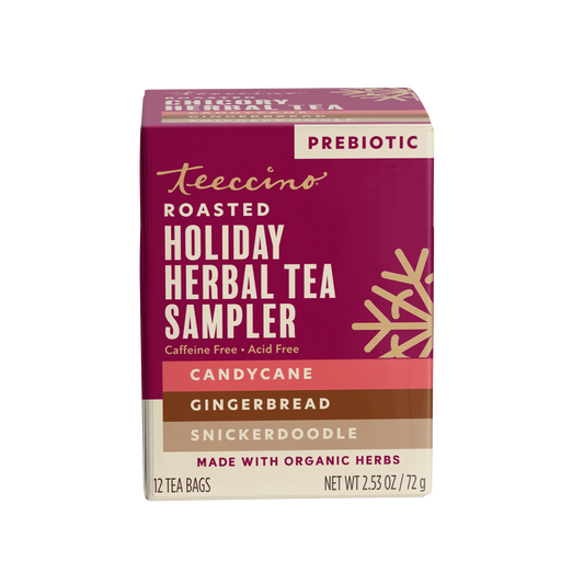 Teeccino Holiday Herbal Tea Sampler box, 12 tea bags, caffeine free and acid free