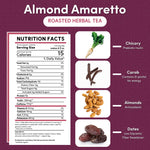 Almond Amaretto roasted herbal tea infographic showing nutrition facts and ingredients including chicory root with prebiotic inulin, carob for energy, almonds with antioxidants, and dates as a low glycemic sweetener.