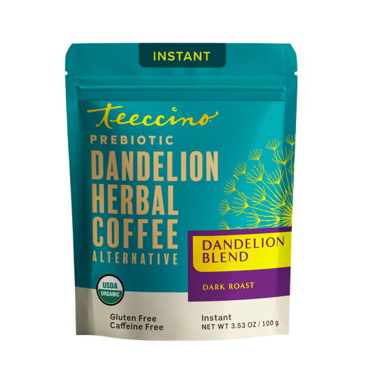 Front view of Teeccino Dandelion Blend Instant Herbal Coffee package