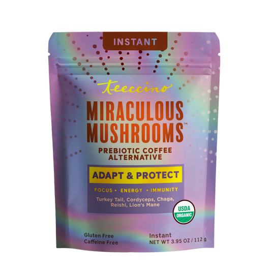Front view of Teeccino Adapt & Protect Mushroom Instant Herbal Coffee package