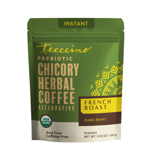 Front view of Teeccino French Roast Instant Herbal Coffee package