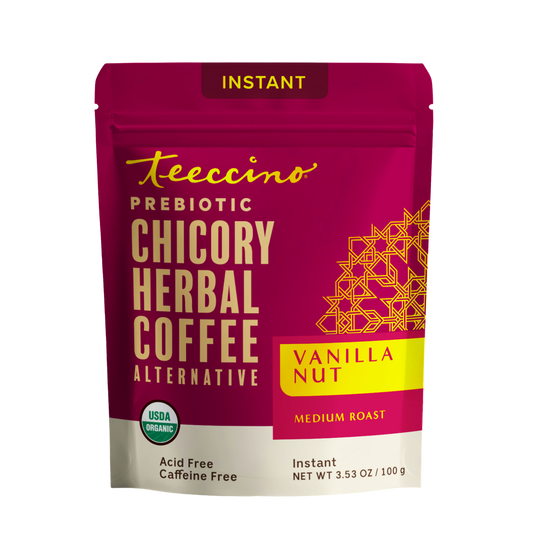 Front view of Teeccino Vanilla Nut Instant Herbal Coffee package