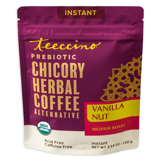 Front view of Teeccino Vanilla Nut Instant Herbal Coffee package