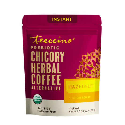 Front view of Teeccino Hazelnut Instant Herbal Coffee package