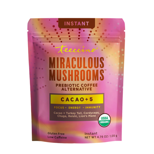 Front view of Teeccino Cacao + 5 Mushroom Instant Herbal Coffee package
