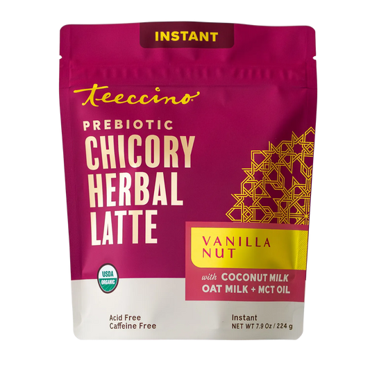 Front view of Teeccino Vanilla Nut Instant Herbal Latte package