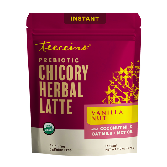 Front view of Teeccino Vanilla Nut Instant Herbal Latte package