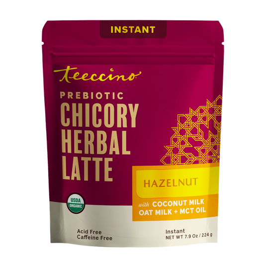 Front view of Teeccino Hazelnut Instant Herbal Latte package