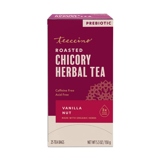 Front view of Teeccino Vanilla Nut Roasted Herbal Tea package