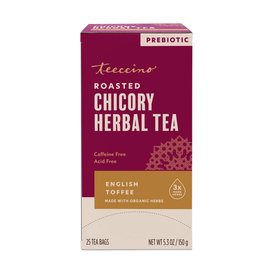 Front view of Teeccino English Toffee Roasted Herbal Tea package
