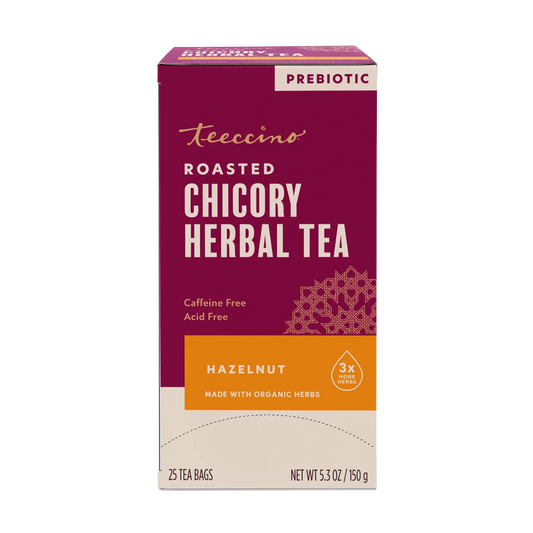 Front view of Teeccino Hazelnut Roasted Herbal Tea package