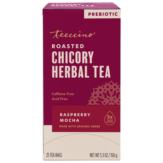 Teeccino Raspberry Mocha Herbal Tea, 25 tea bag box, new packaging