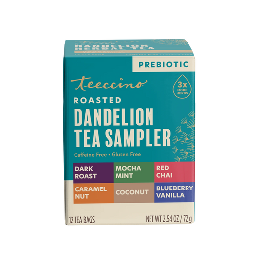 Teeccino Dandelion Herbal Tea Sampler box, 12 tea bags, caffeine free and gluten free