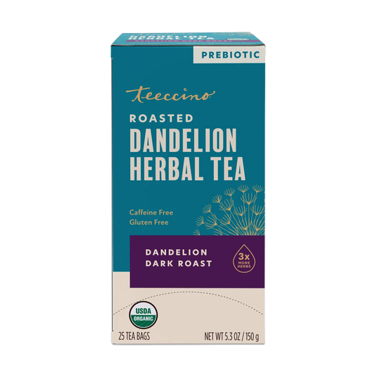 Front view of Teeccino Dandelion Dark Roast Roasted Herbal Tea package