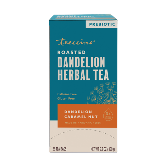 Front view of Teeccino Dandelion Caramel Nut Roasted Herbal Tea package