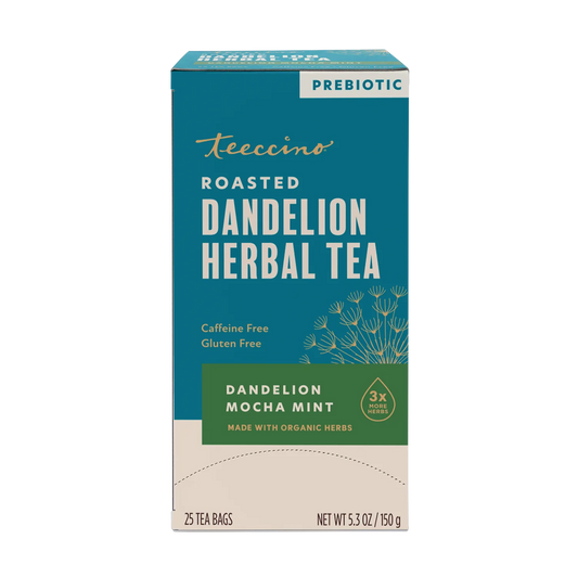 Front view of Teeccino Dandelion Mocha Mint Roasted Herbal Tea package