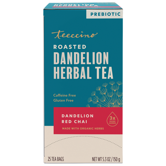 Teeccino Dandelion Red Chai Roasted Herbal Tea, 25 tea bag box, new packaging