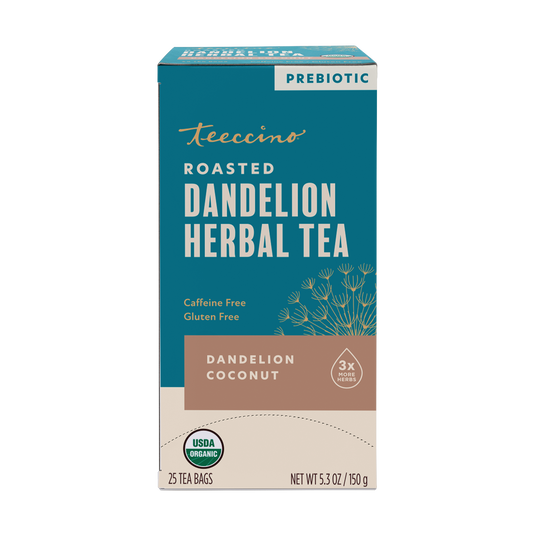 Front view of Teeccino Dandelion Coconut Roasted Herbal Tea package