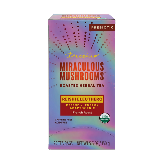 Front view of Teeccino Reishi Eleuthero Mushroom Herbal Tea package