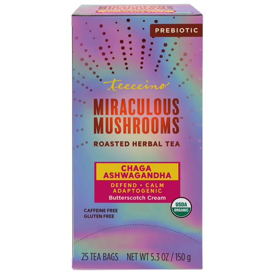 Teeccino Chaga Ashwagandha Butterscotch Cream Mushroom Herbal Tea, 25 tea bag box, new packaging