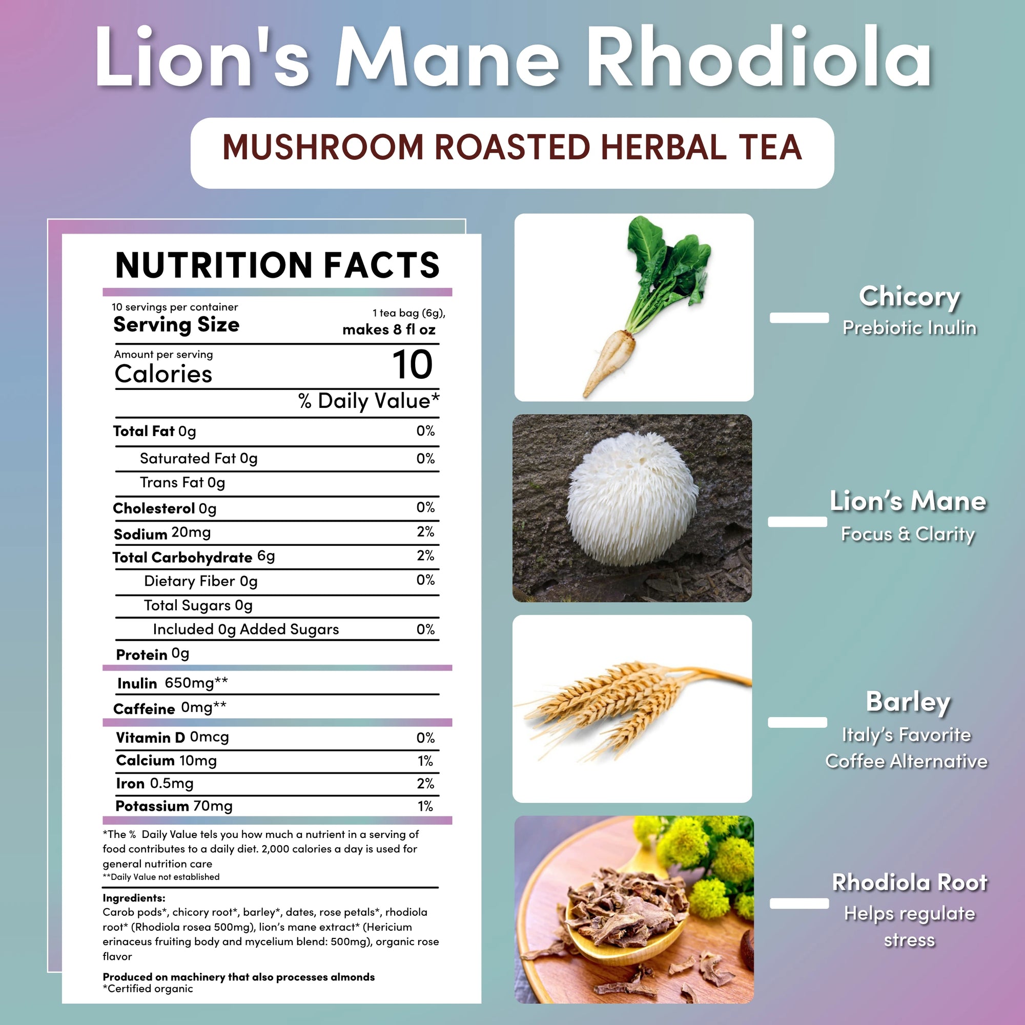 Lion's Mane Rhodiola Rose Mushroom Herbal Tea