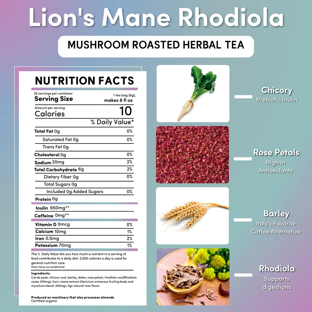 Lion's Mane Rhodiola Rose Mushroom Herbal Tea