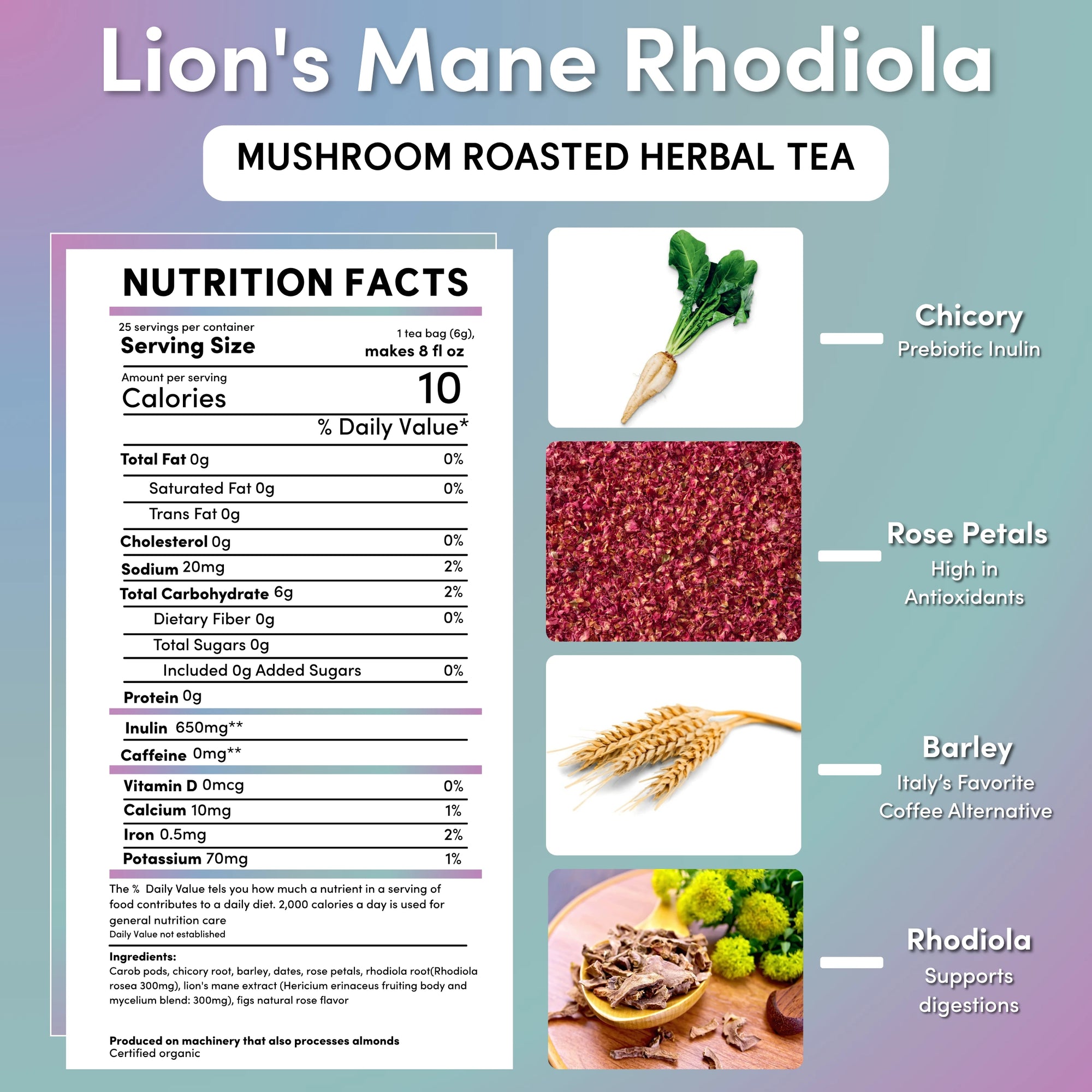 Lion's Mane Rhodiola Rose Mushroom Herbal Tea