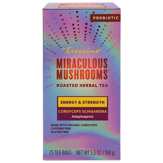 Teeccino Miraculous Mushrooms Cordyceps Schisandra Herbal Tea, 25 tea bag box, new packaging