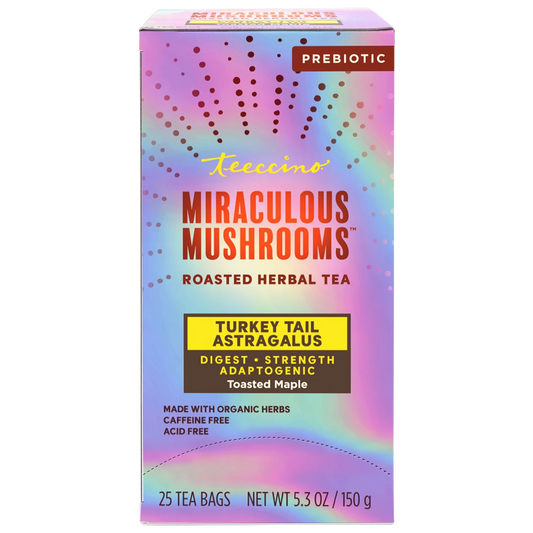 Teeccino Turkey Tail Astragalus Toasted Maple Mushroom Herbal Tea, 25 tea bag box, new packaging