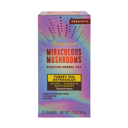 Front view of Teeccino Turkey Tail Mushroom Herbal Tea package