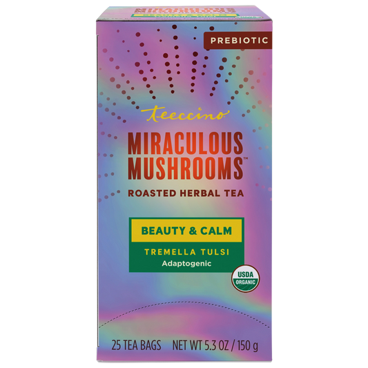 Teeccino Miraculous Mushrooms Tremella Tulsi Herbal Tea, 25 tea bag box, new packaging