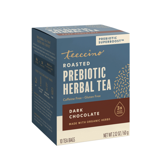 Teeccino Dark Chocolate Prebiotic Superboost Herbal Tea - Hero panel