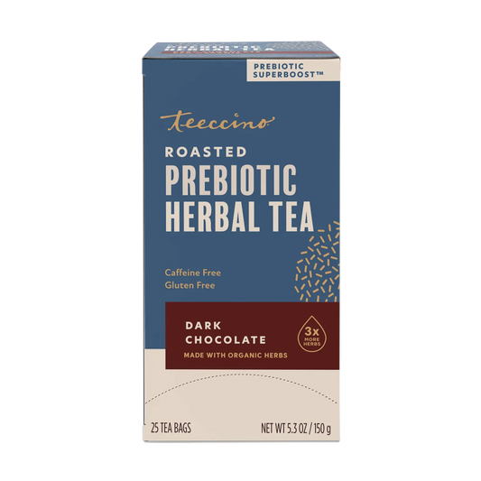 Front view of Teeccino Dark Chocolate Prebiotic SuperBoost Herbal Tea package