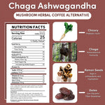 Chaga Ashwagandha mushroom herbal coffee alternative infographic showing nutrition facts and ingredients including chicory root, chaga mushroom, ramon seeds, and dates.