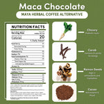 Product infographic for Teecino Maca Chocolate Maya Herbal Coffee Alternative shown on a textured green background. The left side features a Nutrition Facts panel listing one tablespoon serving size making 10 fluid ounces, 20 calories per serving, zero fat, zero sugar, zero caffeine, and 650 milligrams of inulin fiber. The right side highlights ingredient imagery including chicory root, carob pods, ramon seeds, and cacao, emphasizing antioxidant support, mood balance, and a caffeine-free herbal coffee exper