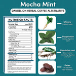 Product infographic for Mocha Mint dandelion herbal coffee alternative on a textured teal background. The header shows the product name and subtitle. A Nutrition Facts panel on the left lists one tablespoon serving size making ten fluid ounces, twenty calories, zero fat, zero cholesterol, zero caffeine, and 650 milligrams of inulin fiber. Ingredient images on the right highlight chicory root, peppermint leaves, dandelion root, and dates, emphasizing digestive support, cooling flavor, gentle detox benefits, 